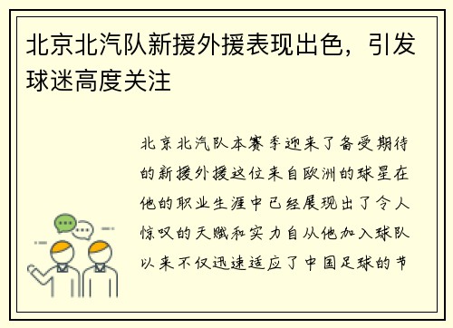 北京北汽队新援外援表现出色，引发球迷高度关注